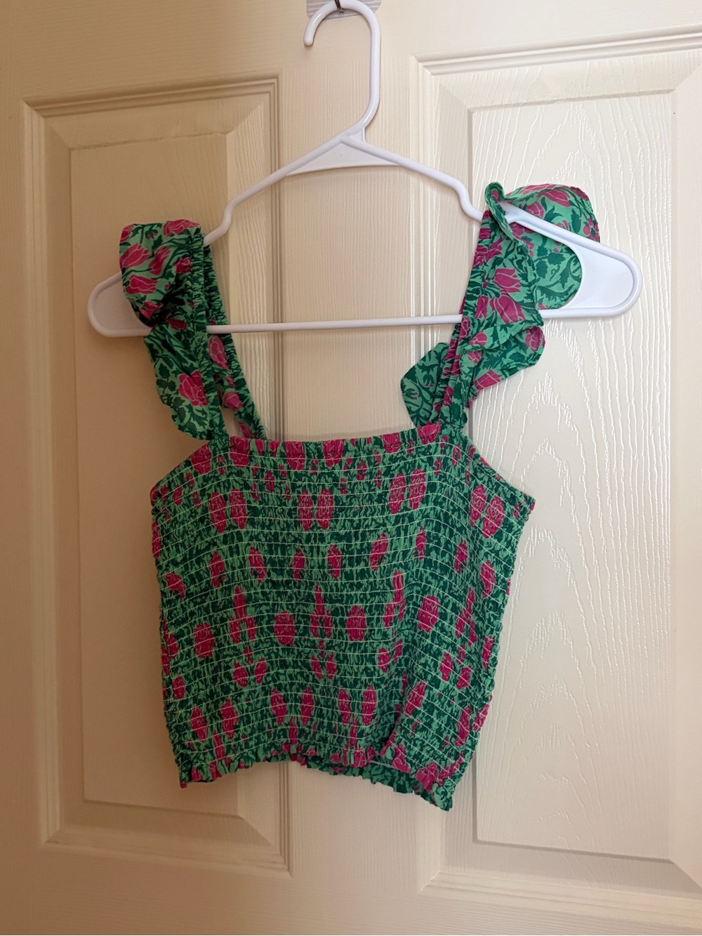Bardot Green Floral Smocked Crop Top with Ruffle Straps